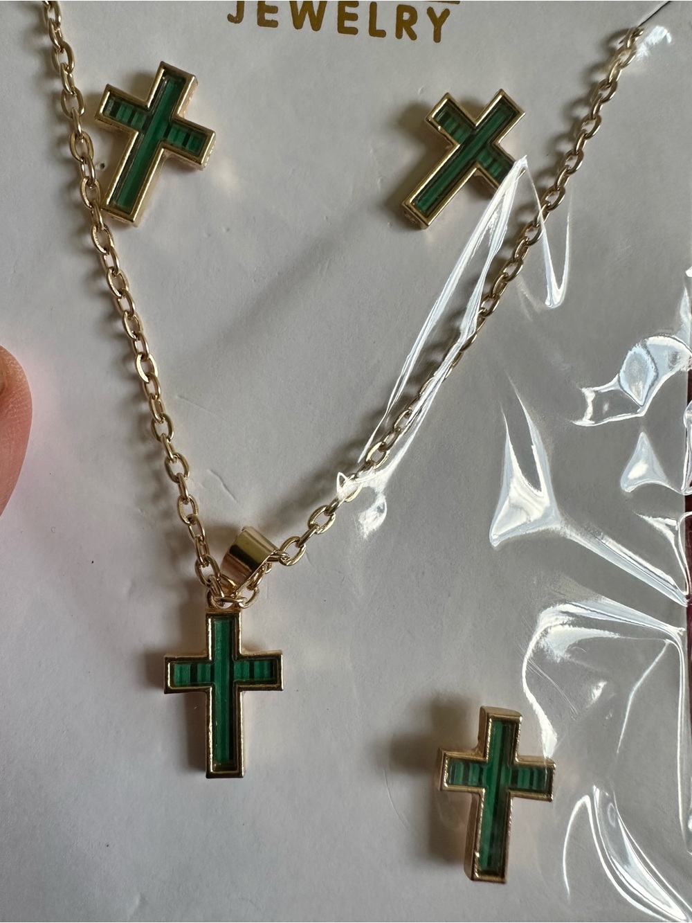 Gold-Tone Cross Pendant Necklace and Earring Set with Green Inlay